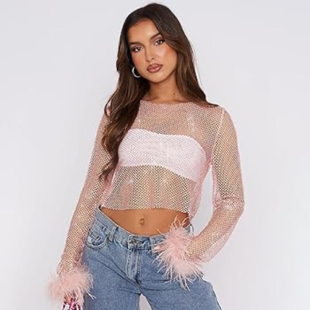 White Fox Pink Rhinestone Long sleeve Top with Faux Fur sleeves